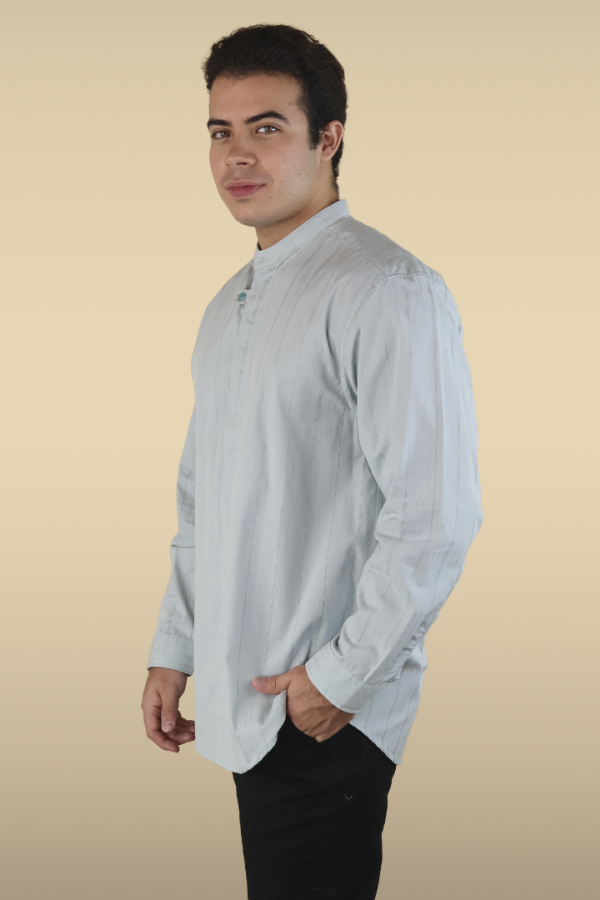 Camisa Hombre Cuello Mao Manga Larga Verde Manzana Estilo Túnica Con Rayas